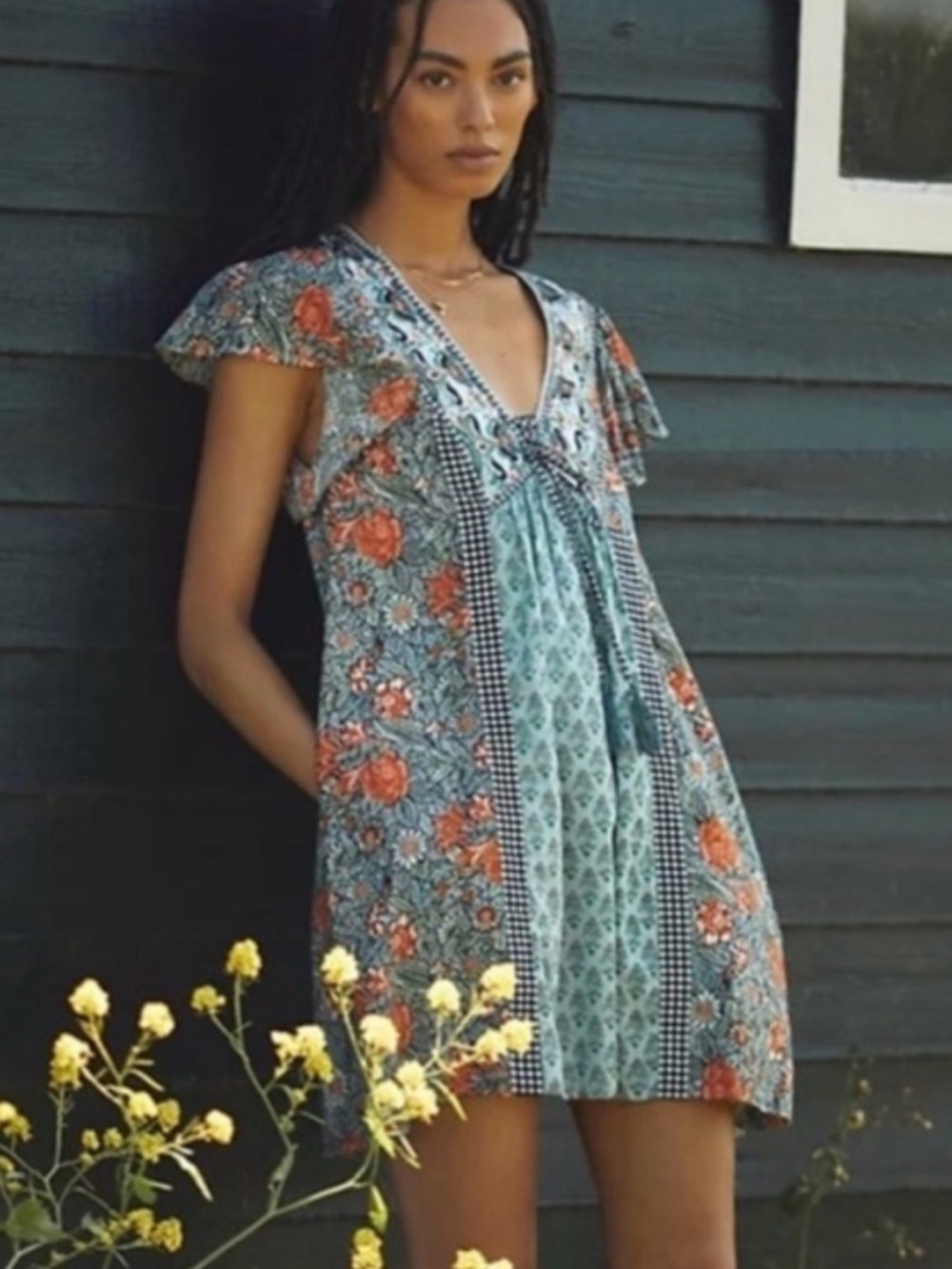 Anthropologie Astrid Floral
Boho Tunic Mini Dress
Patchwork Flutter Sleeve S